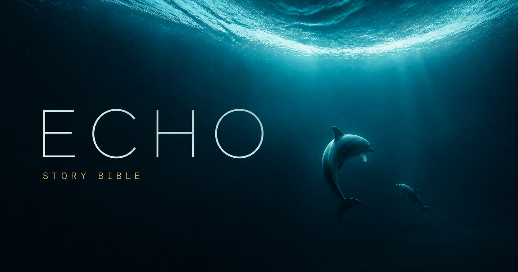 ECHO — en vuxen delfin som vänder tillbaka mot en kalv i det mörka havet